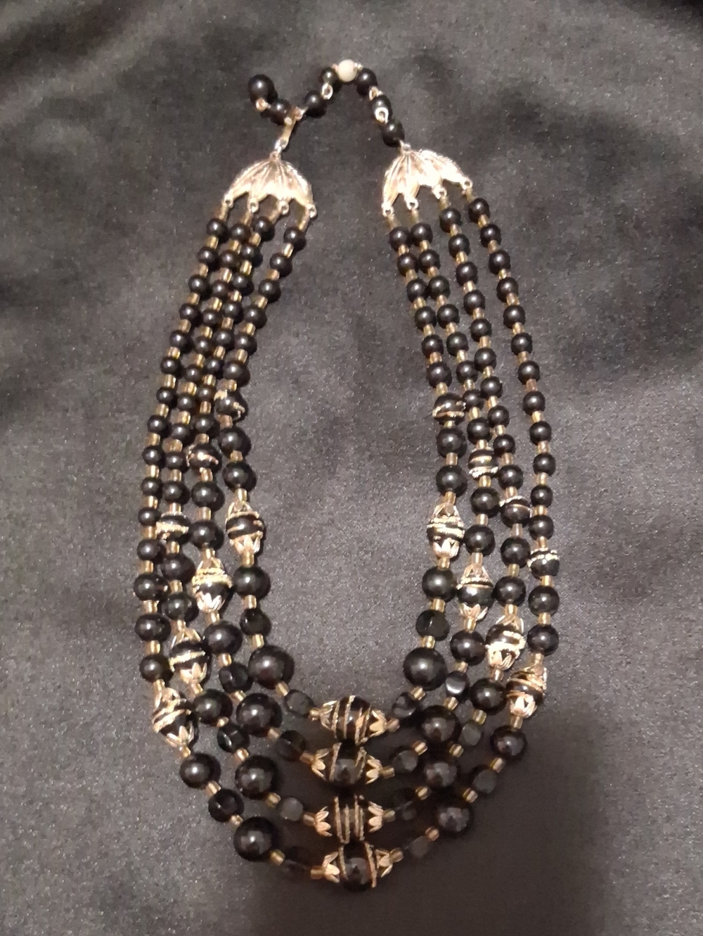 Vintage Multi-Strand Black Gold Beaded Necklace - Classic Tiered Layered Style